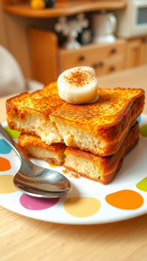 Baby-Friendly French Toast for 7-Month-Olds Baby-friendly French toast pieces topped with mashed banana on a colorful plate.